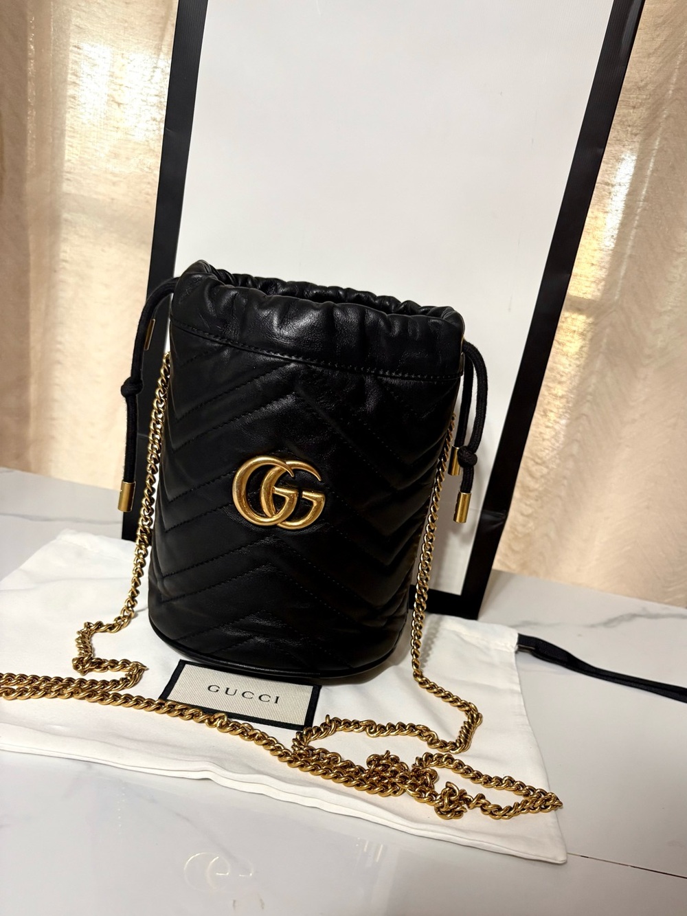 Gucci Black Chevron Quilted Drawstring Bucket Bag with Gold Hardware